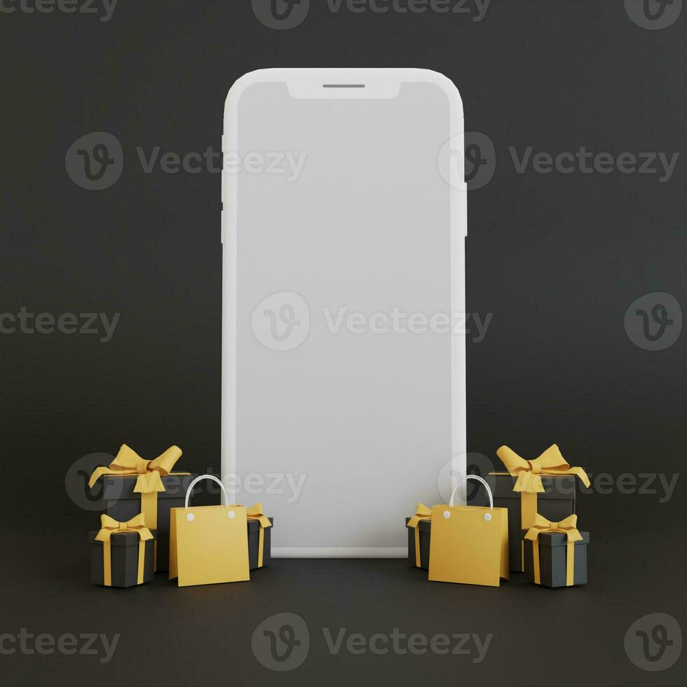 Black Friday mobile phone mockup blank screen flyer on a dark background and floating stuff in 3D rendering. Special offer banner and shopping cart concept photo