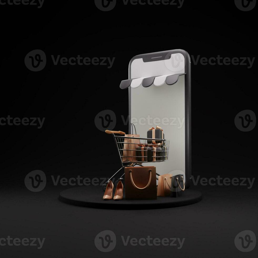 Black Friday mobile phone mockup blank screen flyer on a dark background and floating stuff in 3D rendering. Special offer banner and shopping cart concept photo