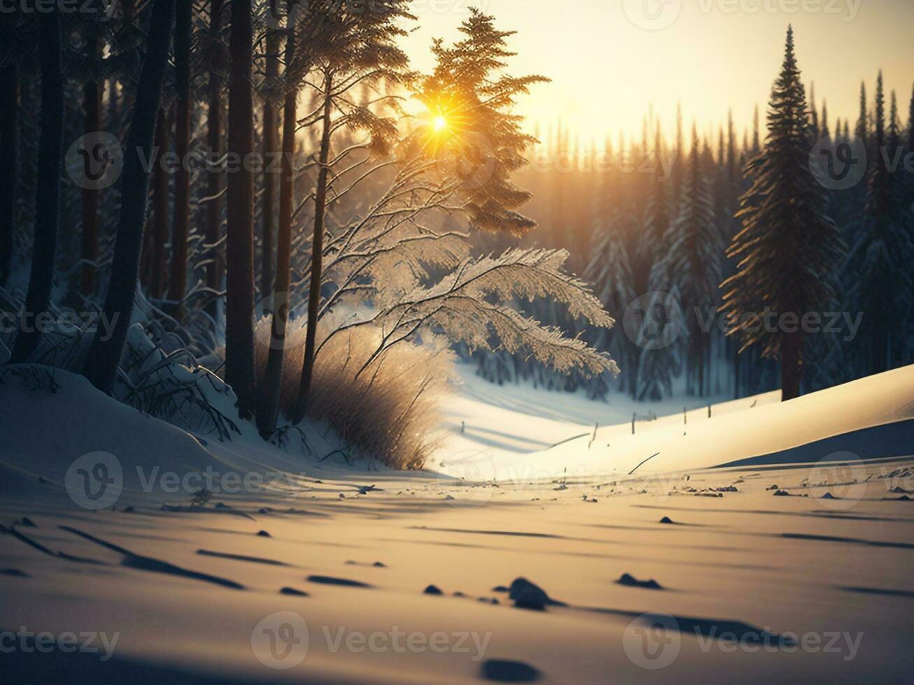 AI generated beautiful winter landscape with sunset in the snowy mountains, trees covered with snow photo