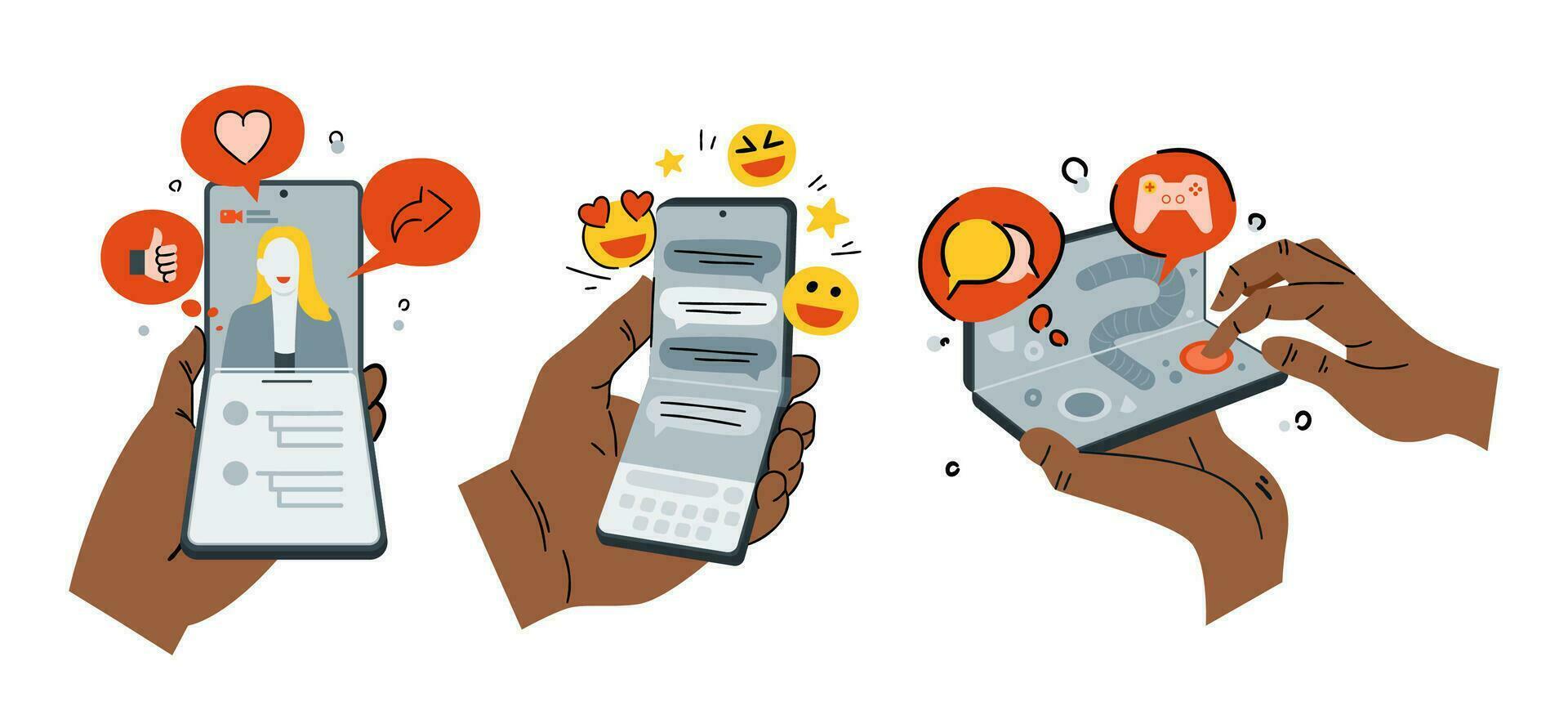 Hand holding foldable smartphone social media, chatting and playing game activity cartoon illustration vector