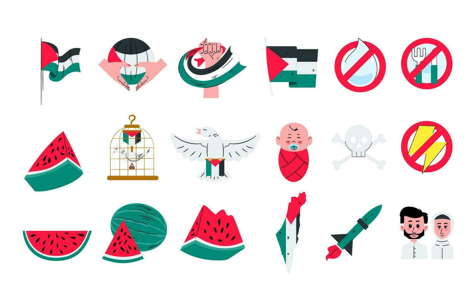 Palestine flag and culture of palestinian sticker for decoration social media element design, watermelon as symbol of palestine vector