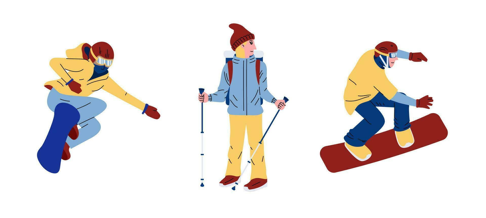 hembra caminante personaje excursionismo con invierno trajes y hombres Snowboarding personaje para elemento y pegatina decoración en social medios de comunicación diseño. invierno actividad concepto vector