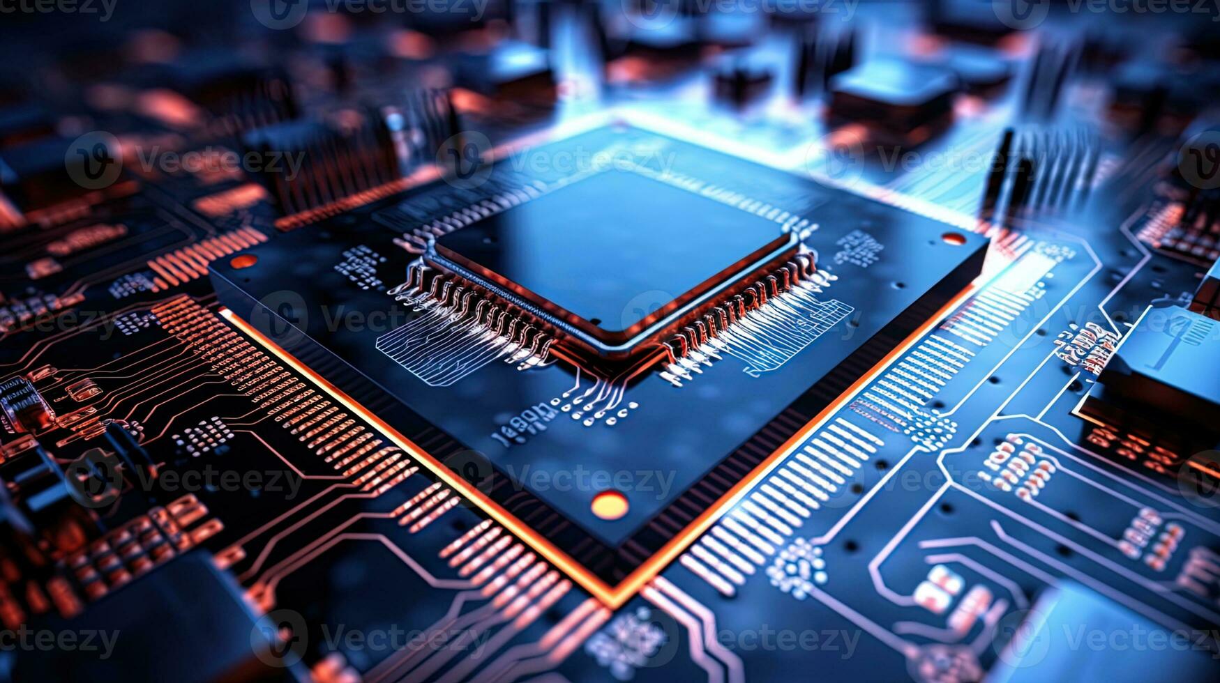 AI generated The microcircuit against the background of technological components and boards photo