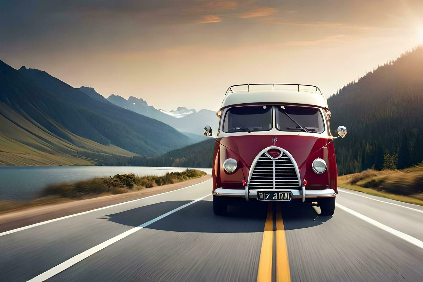 AI generated a red and white van driving down a road. AI-Generated photo