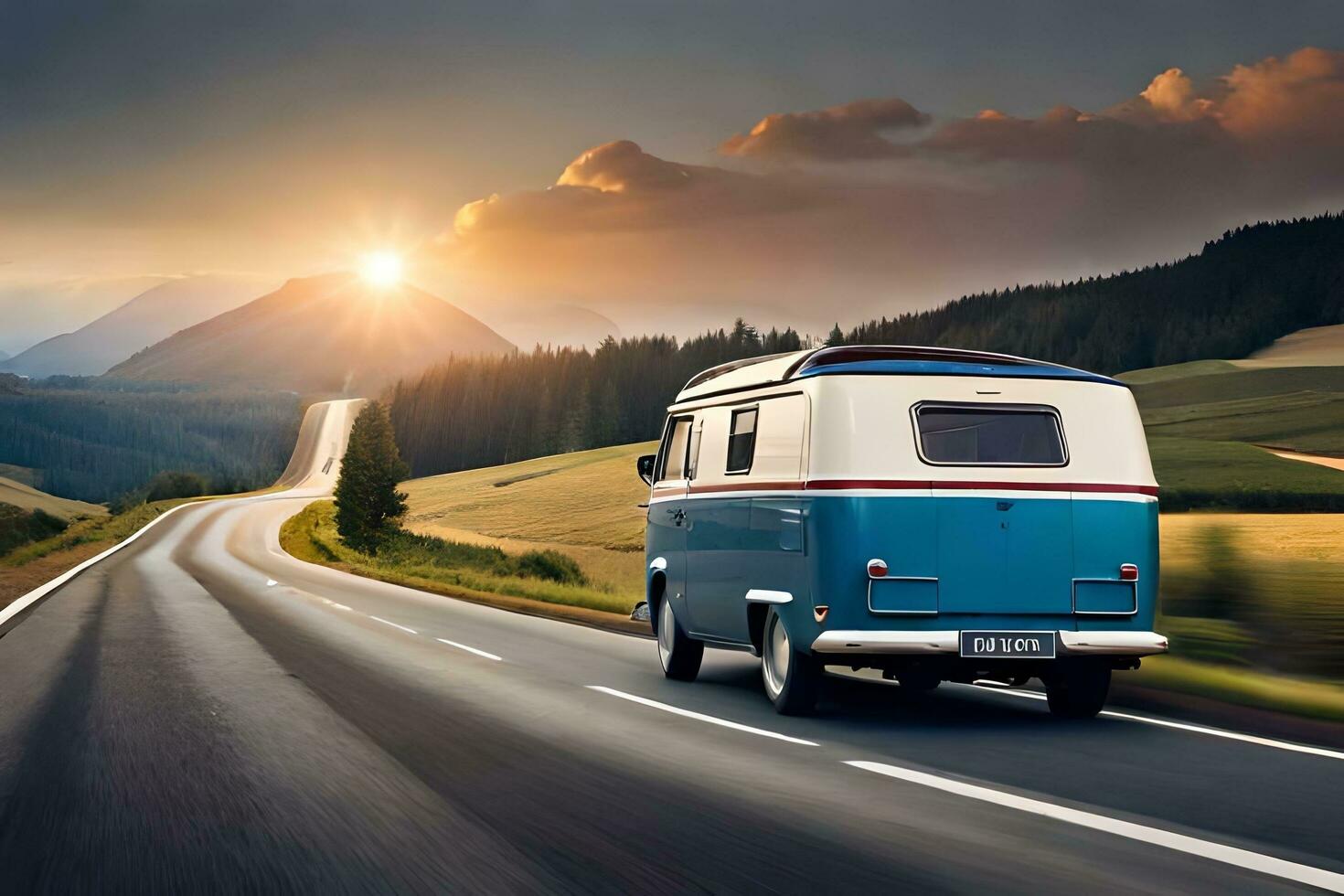 AI generated a camper van driving down the road at sunset. AI-Generated photo