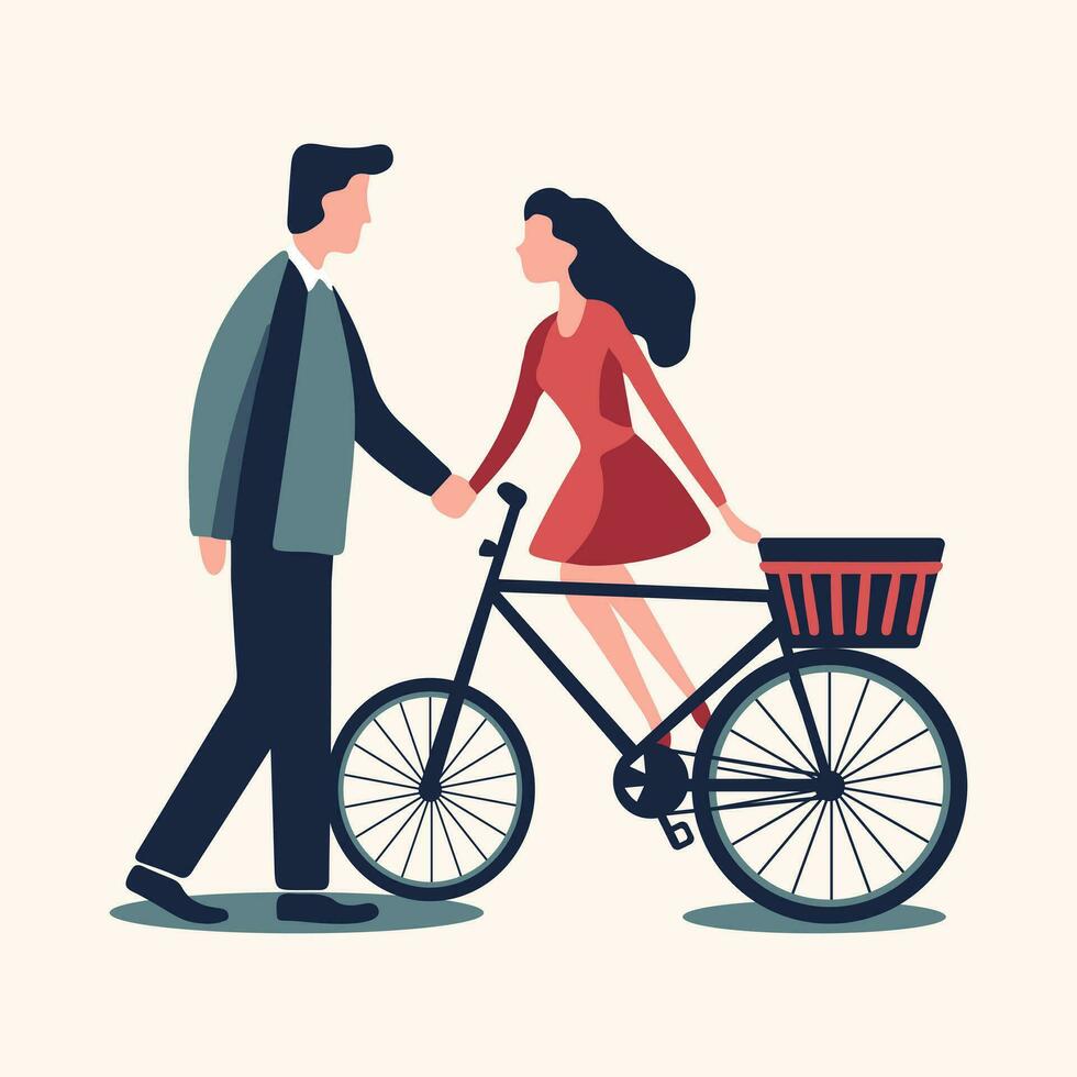 Romantic vector couple in love and bike. Valentines day design flat style. Romantic vector icon. Vintage style.