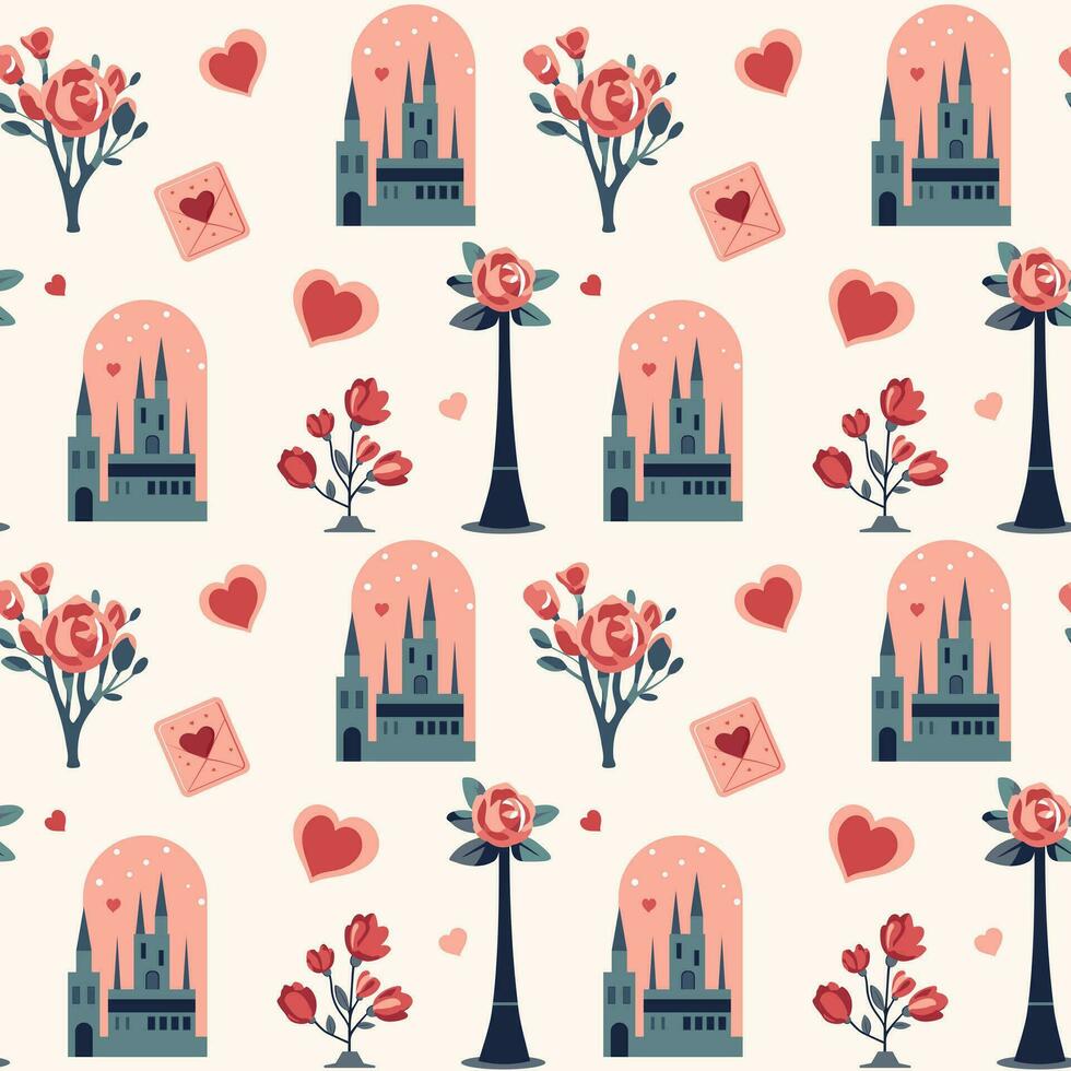 Valentine's Day pattern. Heart shapes and romantic city. Love bouquets seamless vector background.