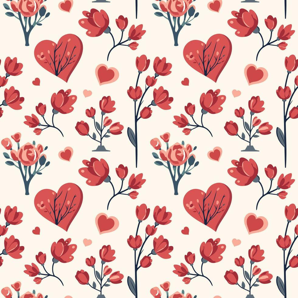 Valentine's Day pattern. Heart shapes and romantic flowers. Love bouquets seamless vector background.