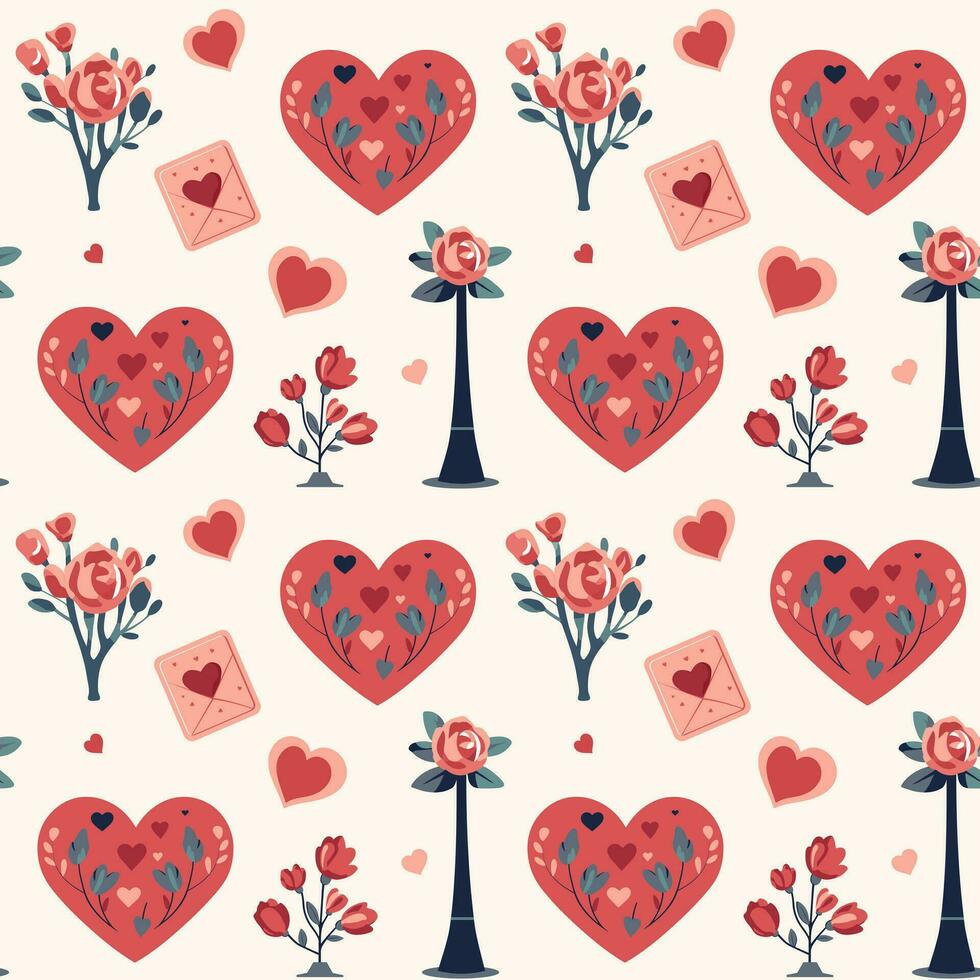 Valentine's Day pattern. Heart shapes and romantic city. Love bouquets seamless vector background.