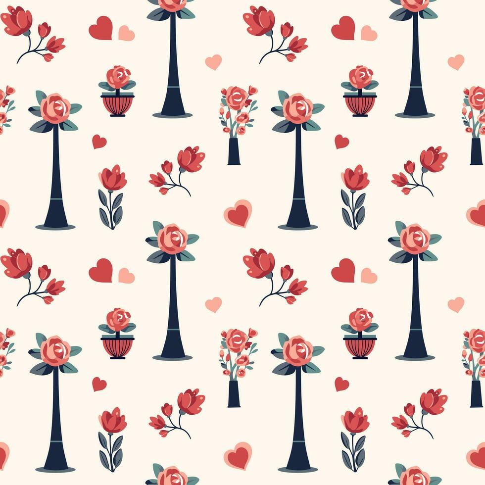 Hearts and bouquets seamless vector background. Valentine's Day pattern. Heart shapes and romantic flowers.