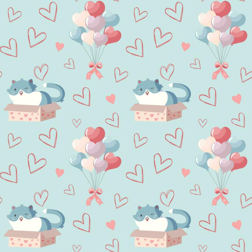 Cute cat in box with hearts seamless vector pattern. Valentine's Day background. Heart shapes balloons and cat.