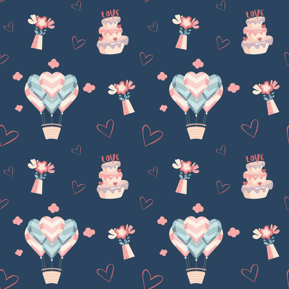 Cute hearts balloons and love cake and flowers vector pattern. Valentine's Day background.
