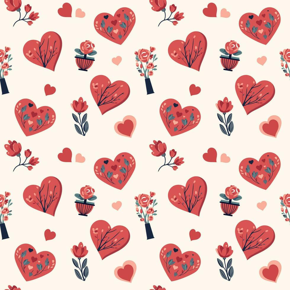 Hearts and bouquets seamless vector background. Valentine's Day pattern. Heart shapes and romantic flowers.