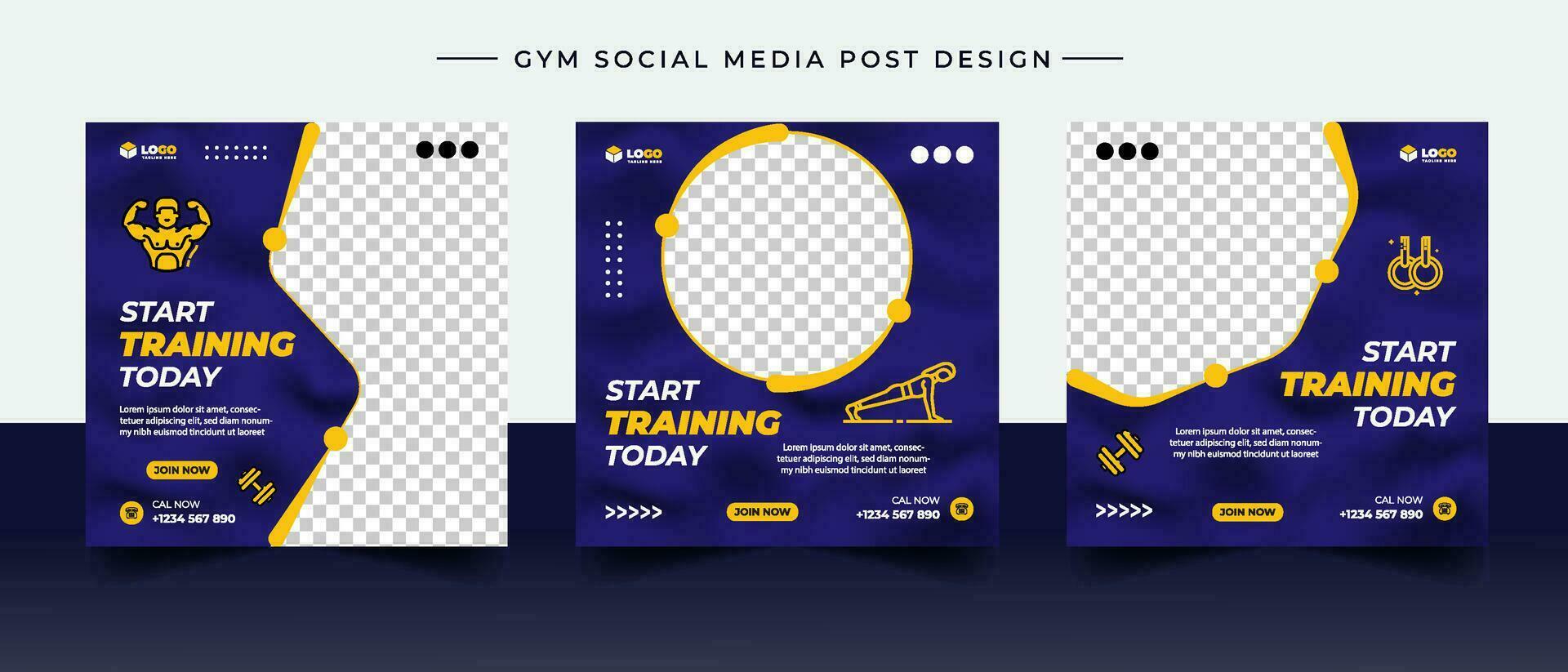 Gym, fitness, and sports social media post template design set. vector