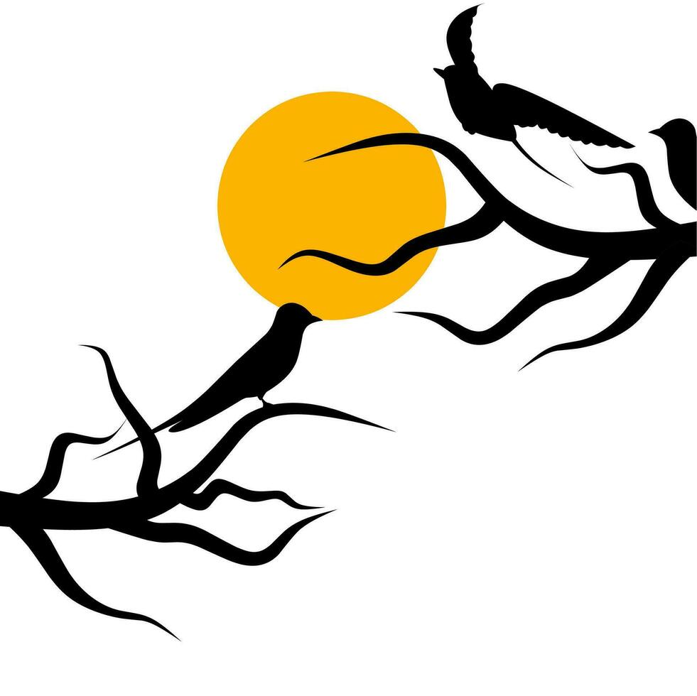 Silhouette of Group of Birds on Branch at sunset, Vector, Silhouette of Birds, Wall Sticker, Group of Birds, Art Decoration, Silhouette of Birds on branch isolated on white background. vector
