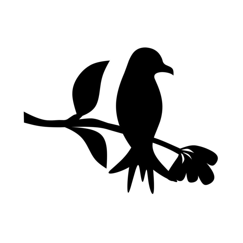 Vector Silhouette of Bird Perched on Leafy Tree Branch with Flowers, Art Decor, Wall Decor, Wall Sticker, isolated on white background