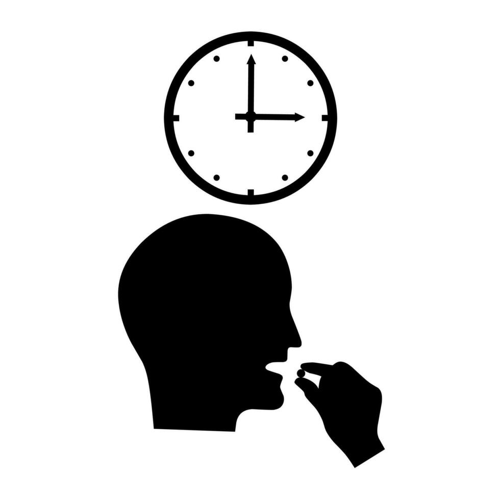 Vector illustration of taking medication pills on time. Head with open mouth and hand holding pills. Head and Clock icon Isolated on white background.