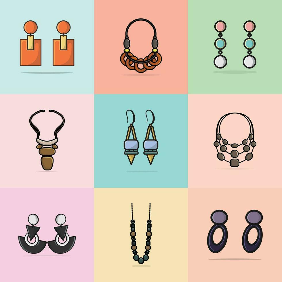 Collection of Women Trendy Colorful Earrings Jewelry and Luxury Necklaces vector illustration. Beauty fashion objects icon concept. Set of trendy women fashion jewelry accessories vector design.