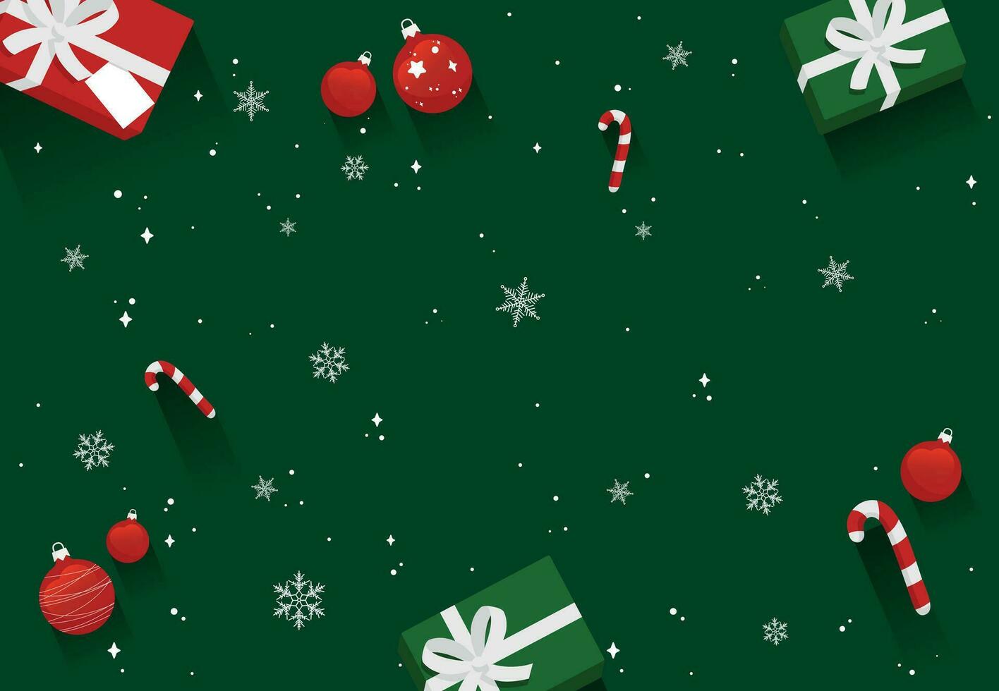 Christmas background with wrapped gift boxes, adorned with ribbons and bows, Christmas tree ornaments, striped candy canes and white snowflakes for decorate greeting cards on green background vector