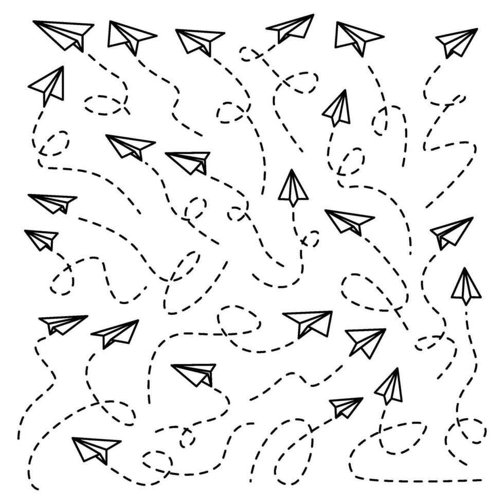 Paper airplane lines. flying Paper airplane with dotted track direction. Paper airplanes. paper Airplane with route line path. vector