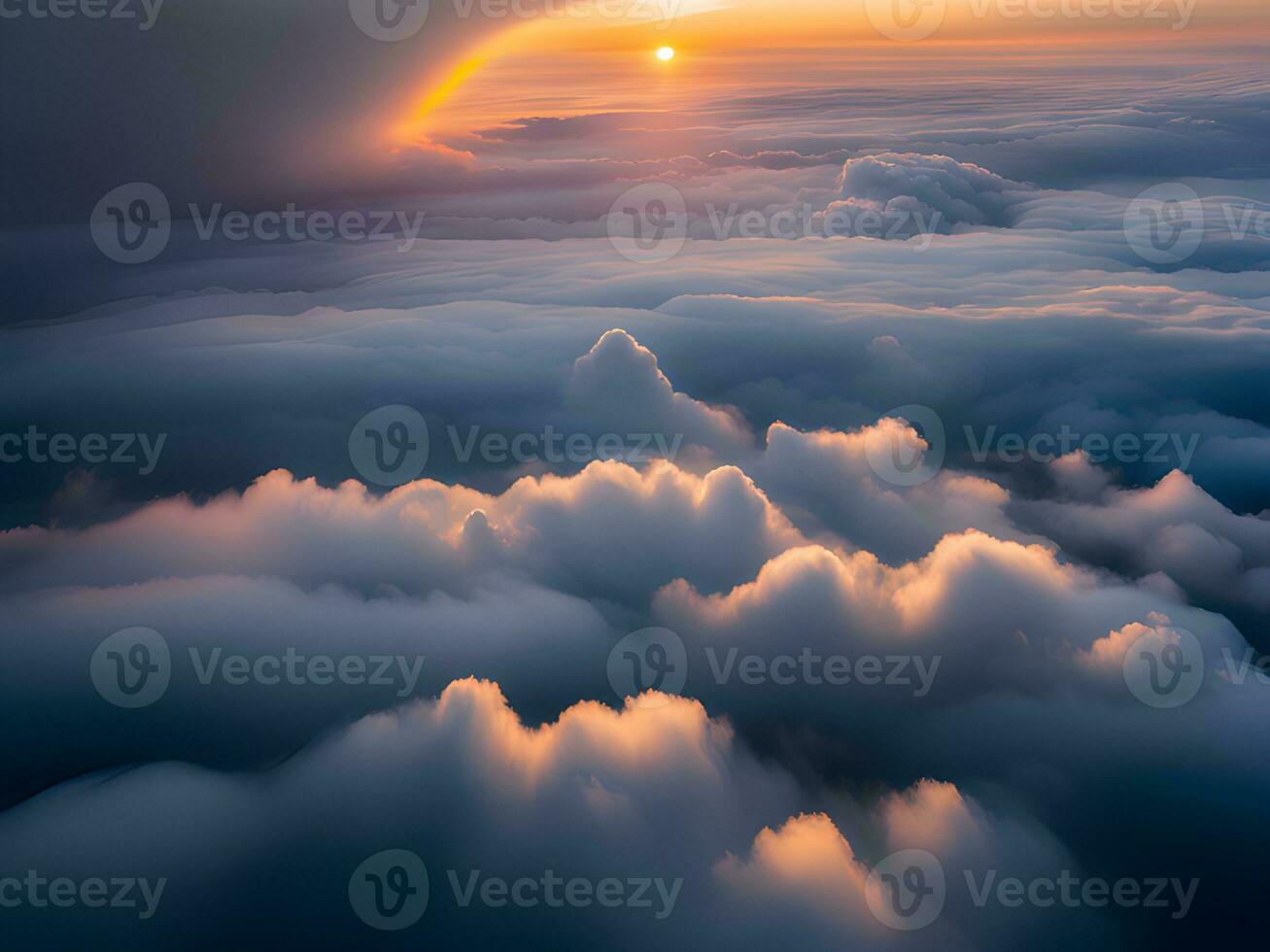 AI generated sunset above clouds, aerial view. photo