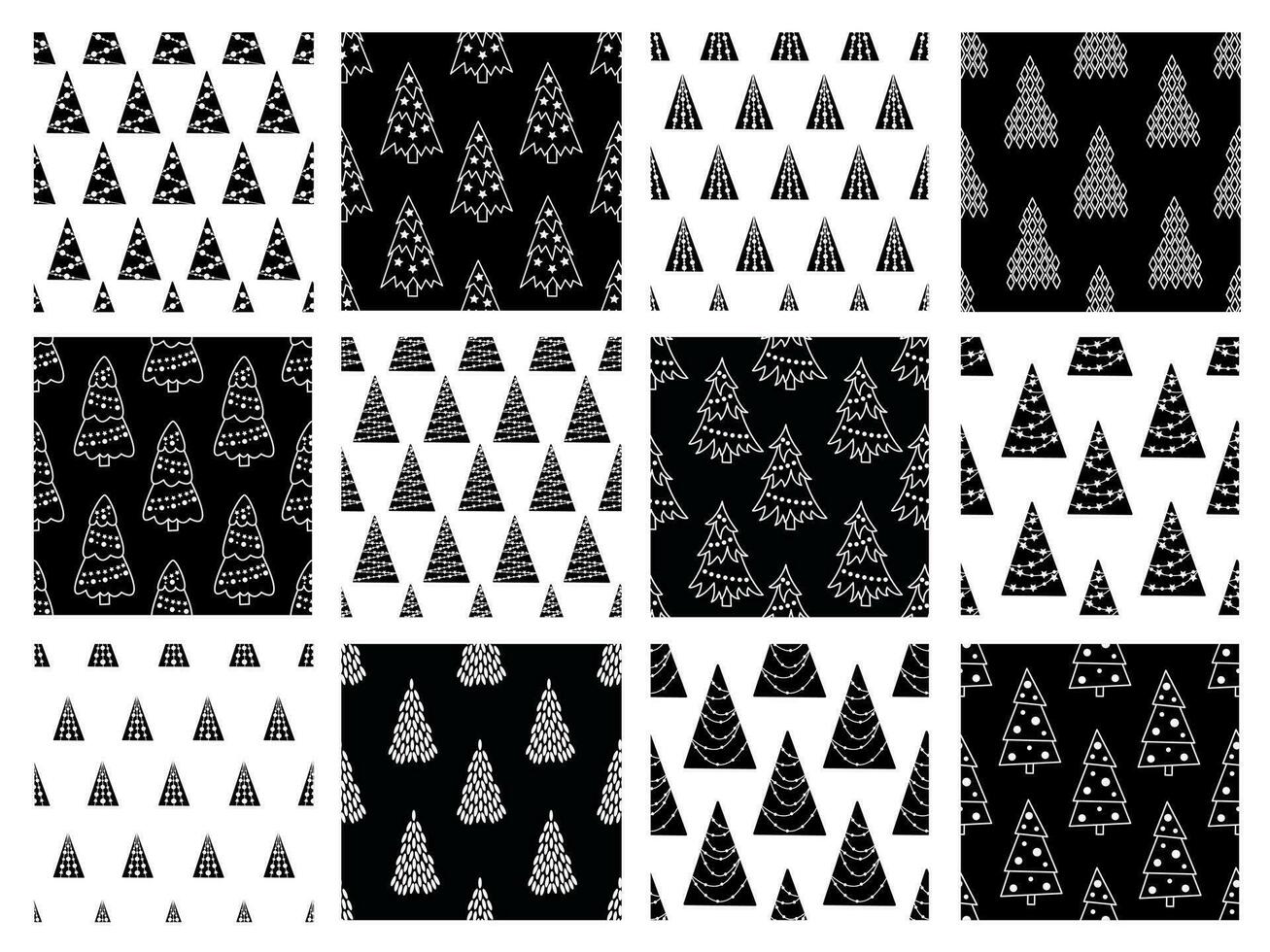 Collection of seamless pattern. Doodle hand drawn Christmas trees vector