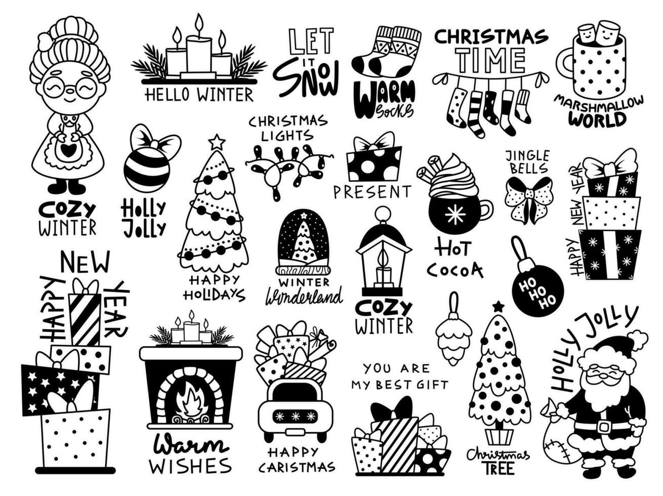 Big set of Christmas doodle elements. Hand drawn cartoon vector illustrations