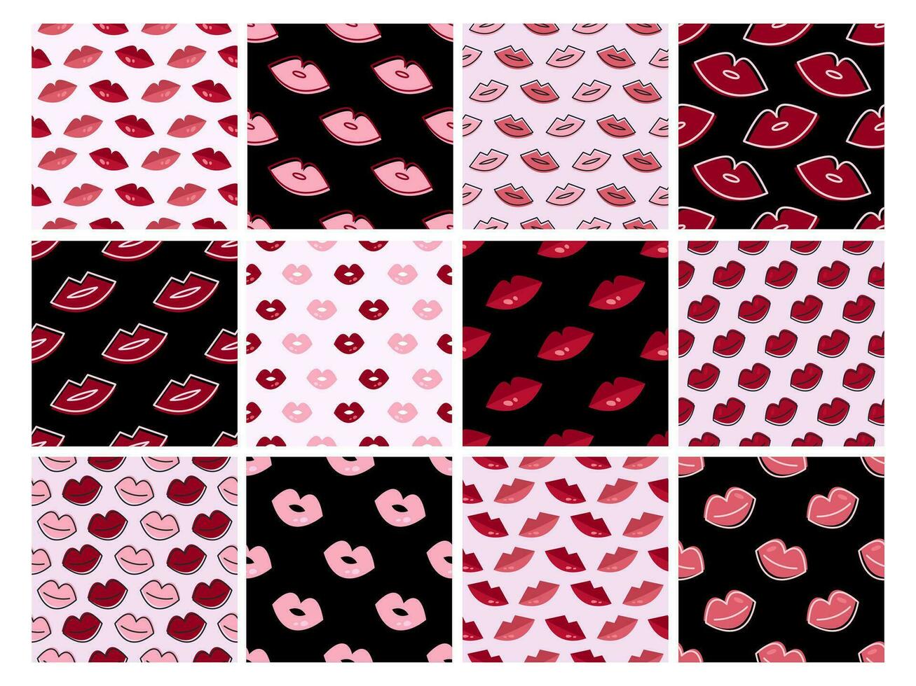 Collection of seamless pattern with lips, kiss vector
