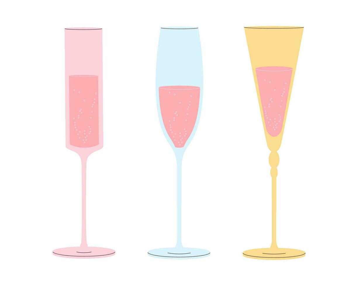 Wine glasses. Doodle holiday and wedding champagne glasses. Vector set