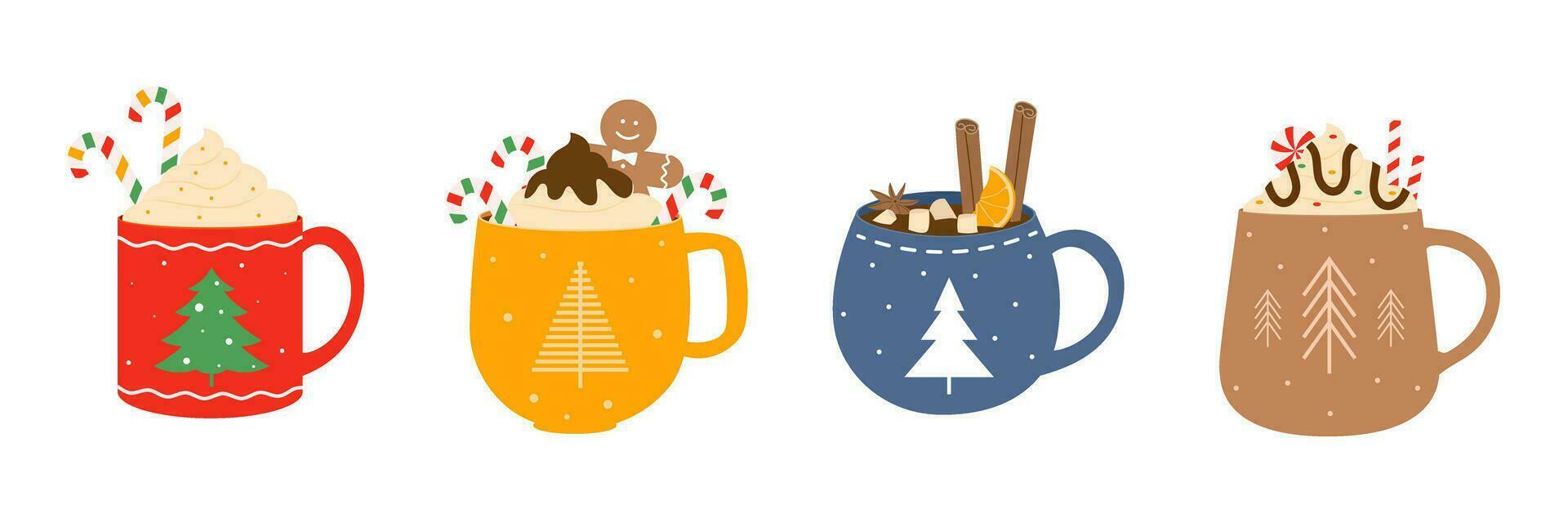 conjunto de caliente invierno bebidas tazas con calentar bebidas vector ilustración