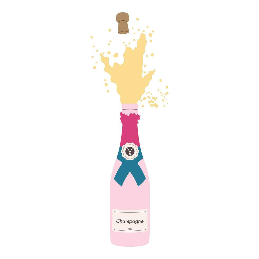 The cork flies out of bottle of champagne with splashes. Vector illustration