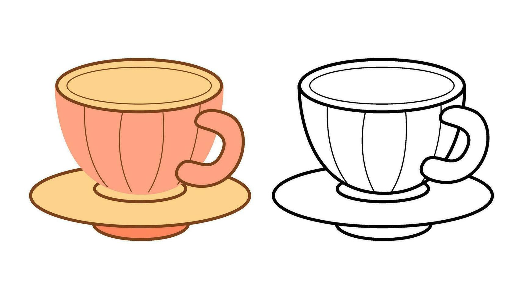 Vintage striped tea cup and saucer. Flat color and black and white vector illustration.