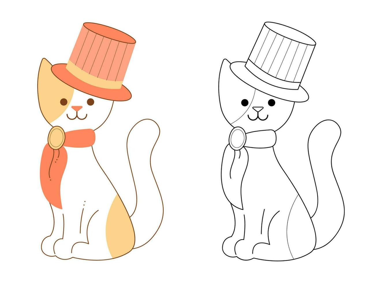 Cute cat character with top hat and neckerchief. Flat color and black and white vector illustration.