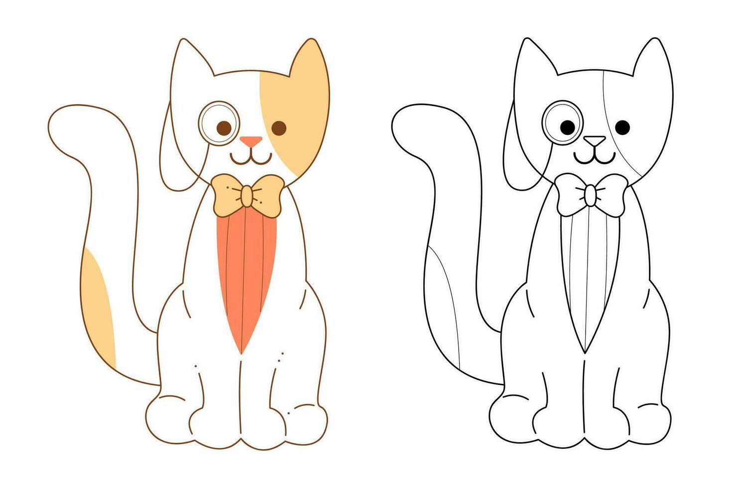 Cute cat character with monocle and bow tie. Flat color and black and white vector illustration.