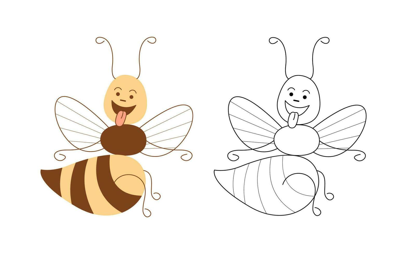 Cute cheeky bee with her tongue hanging out. Flat color and black and white vector illustration.