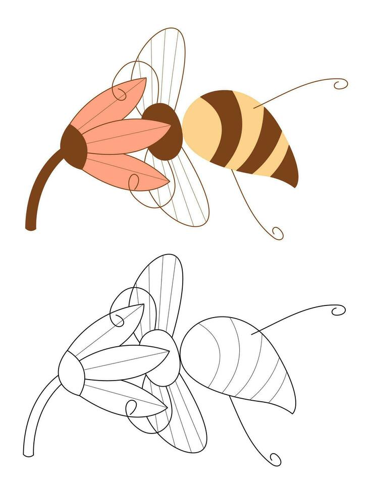 Cute cheeky bee with head in flower. Flat color and black and white vector illustration.
