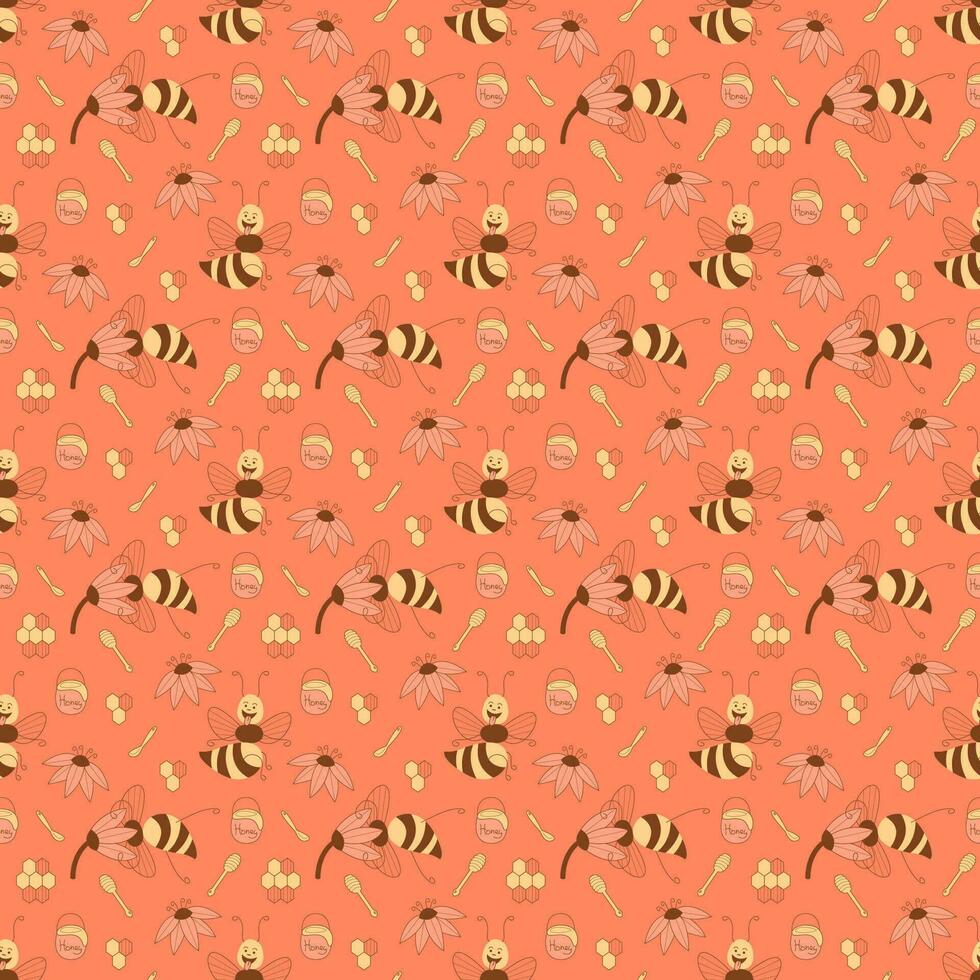 Seamless pattern with cute cheeky bees characters on a pink background. Flat color vector illustration.