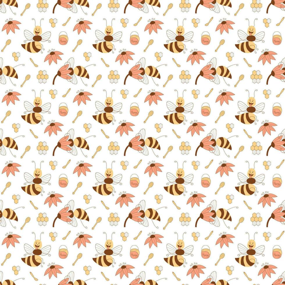 Seamless pattern with cute cheeky bees characters on a white background. Flat color vector illustration.