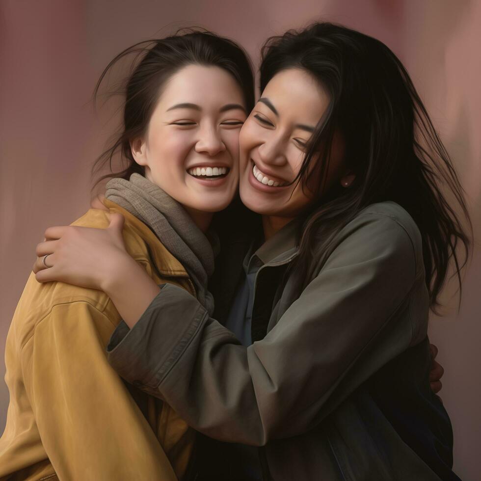 AI generated two women are hugging and smiling photo