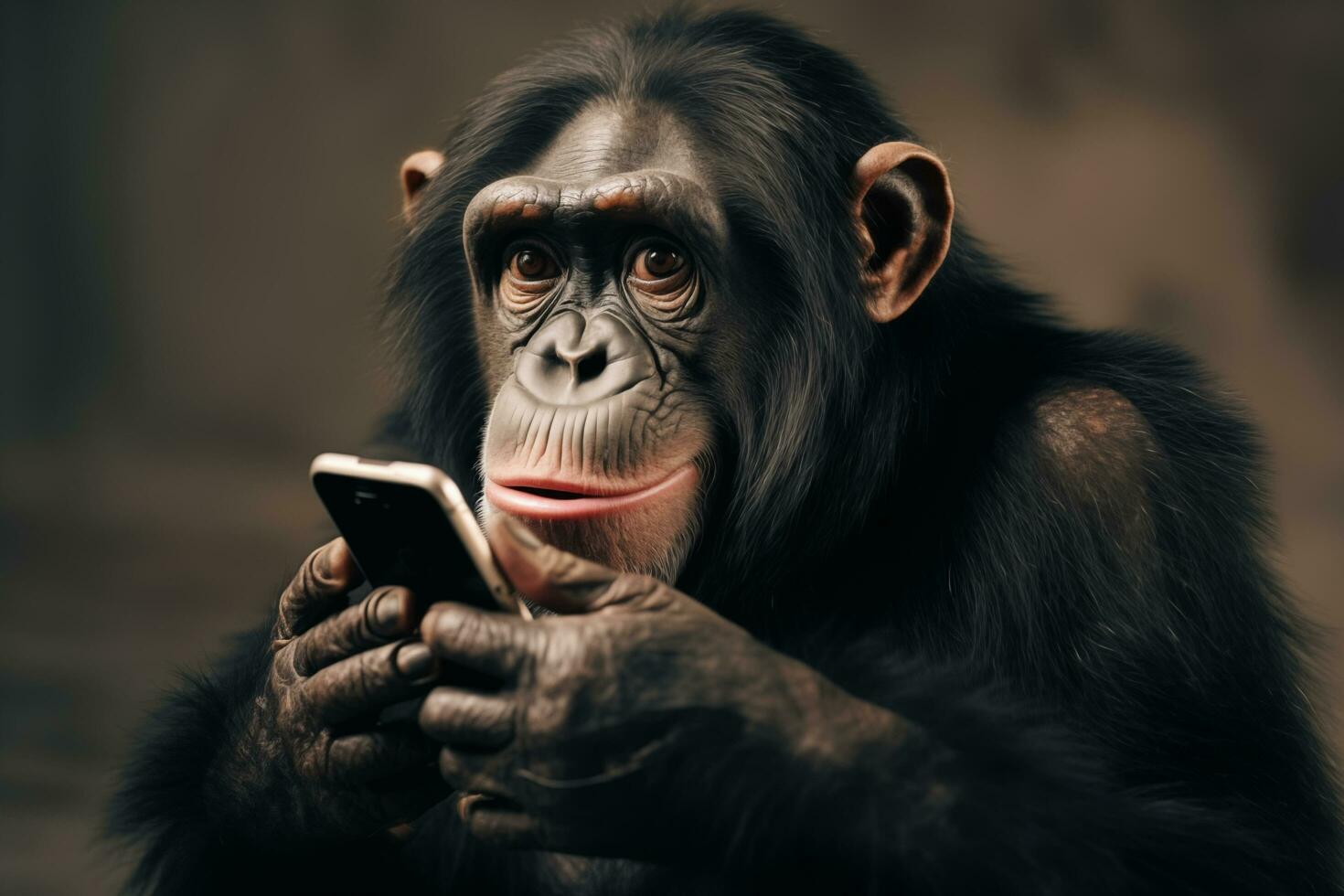 AI generated a chimpanzee is using a cell phone photo