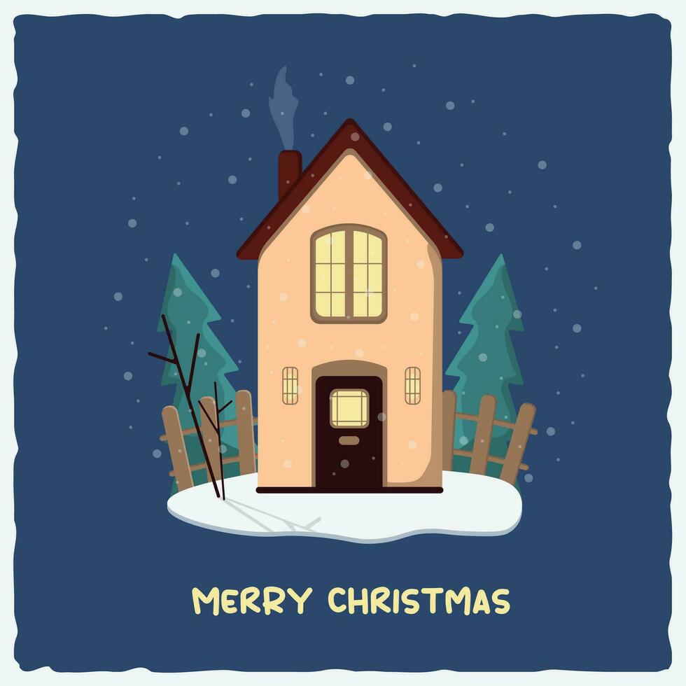 Christmas card with a house in the snow with Christmas trees and snowfall. vector