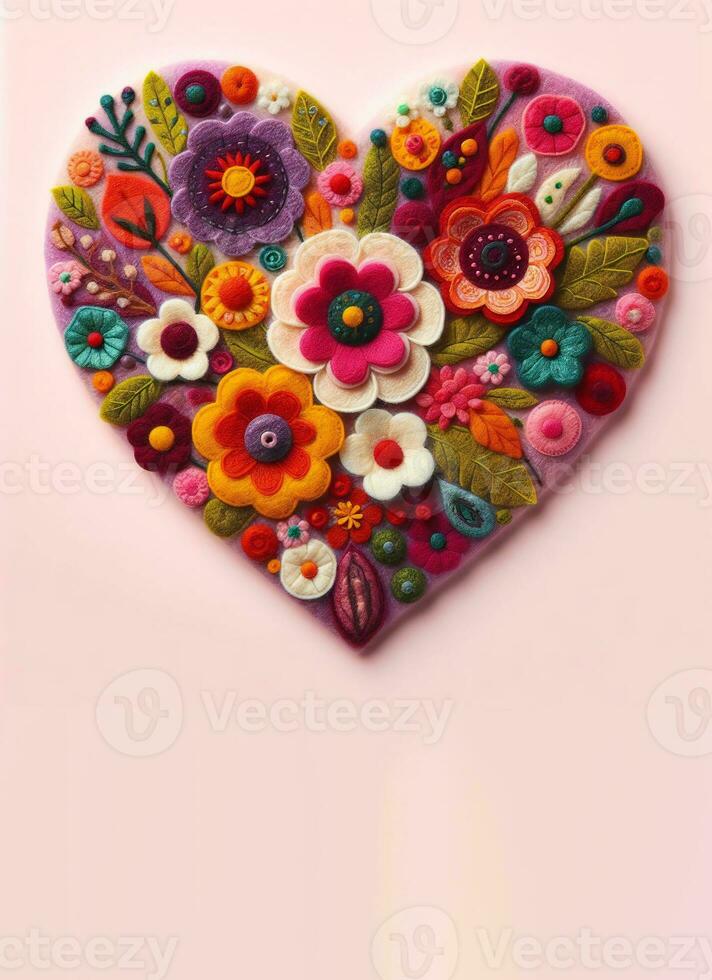AI generated Heart with flowers on pink background. Romantic valentine in felt art patchwork quilt, colorful expressionist style, photo