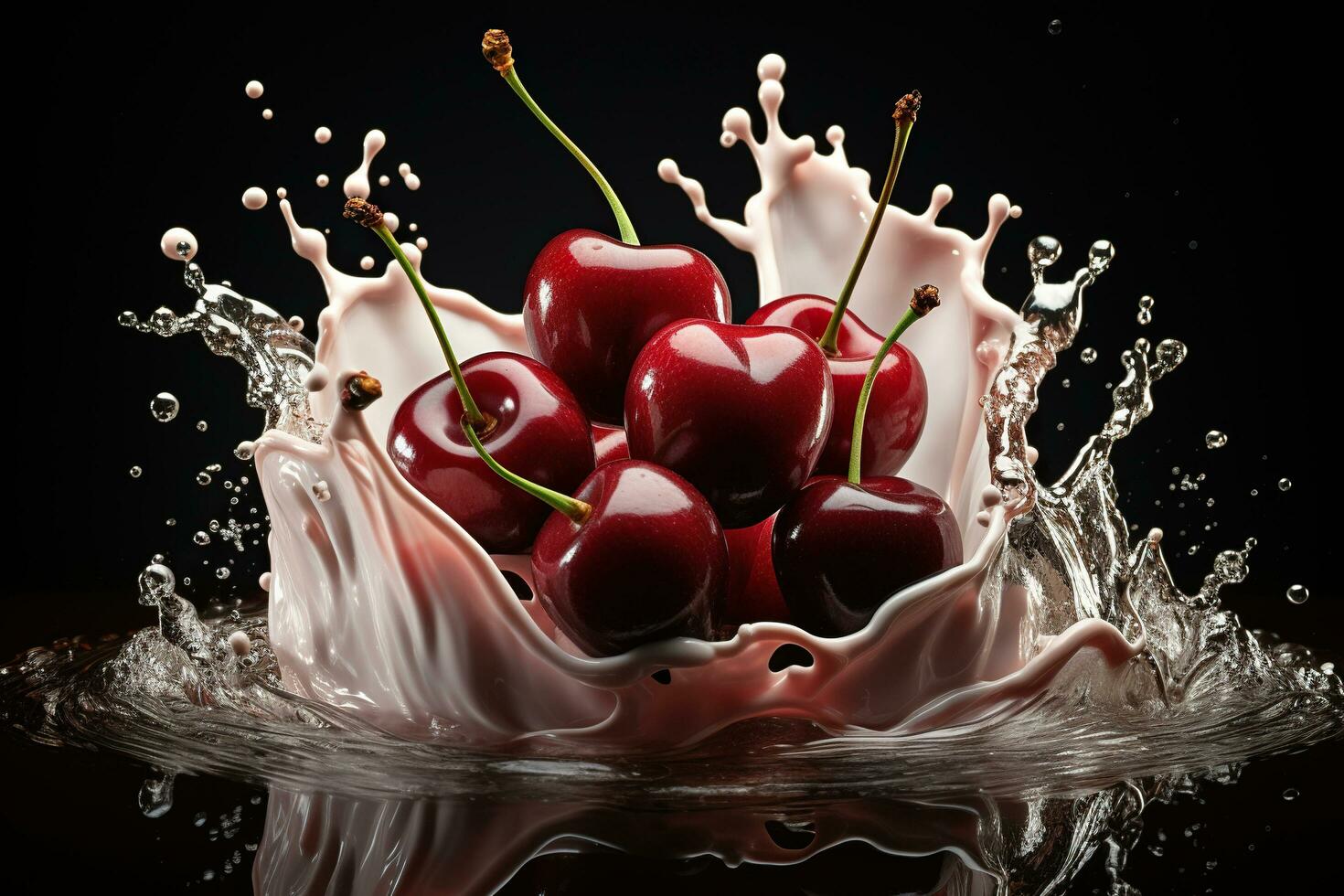 AI generated Ripe juicy cherry in a splash of juice on a black background. Generated by artificial intelligence photo