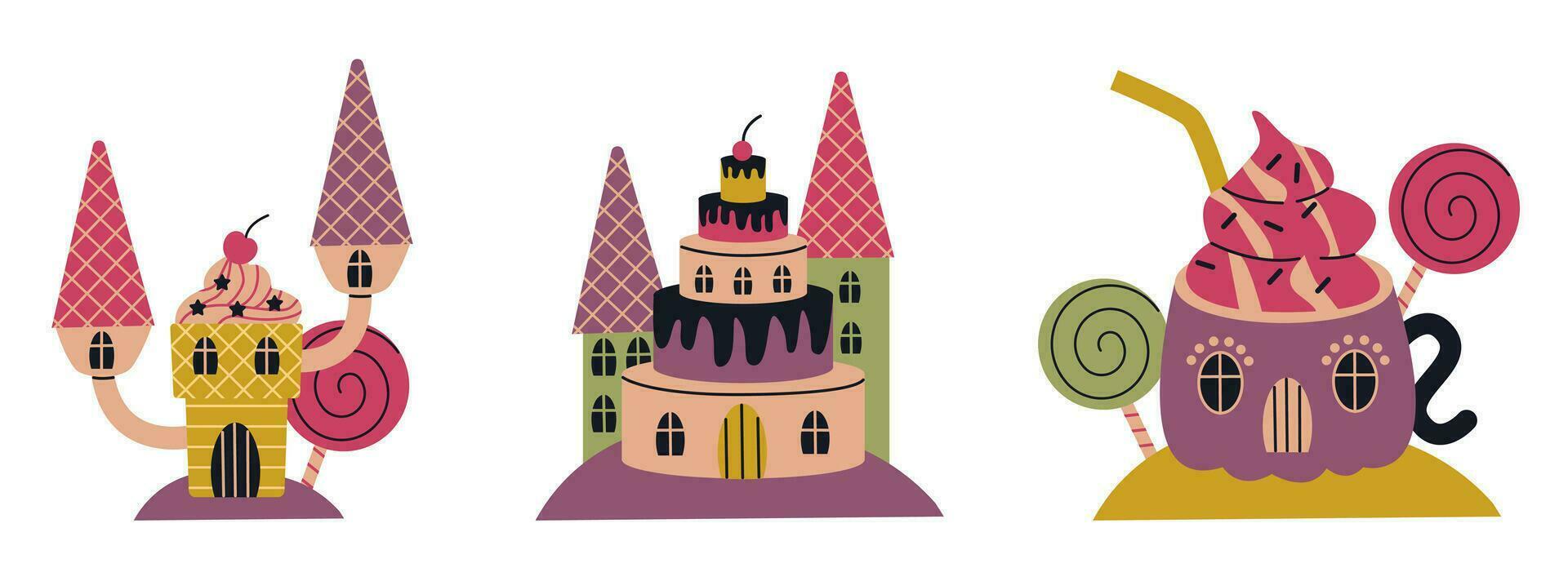 Cartoon fantasy sweet land caramel houses. Fantasy nature, game design sweet candy landscape illustration set. Flat vector illustration.