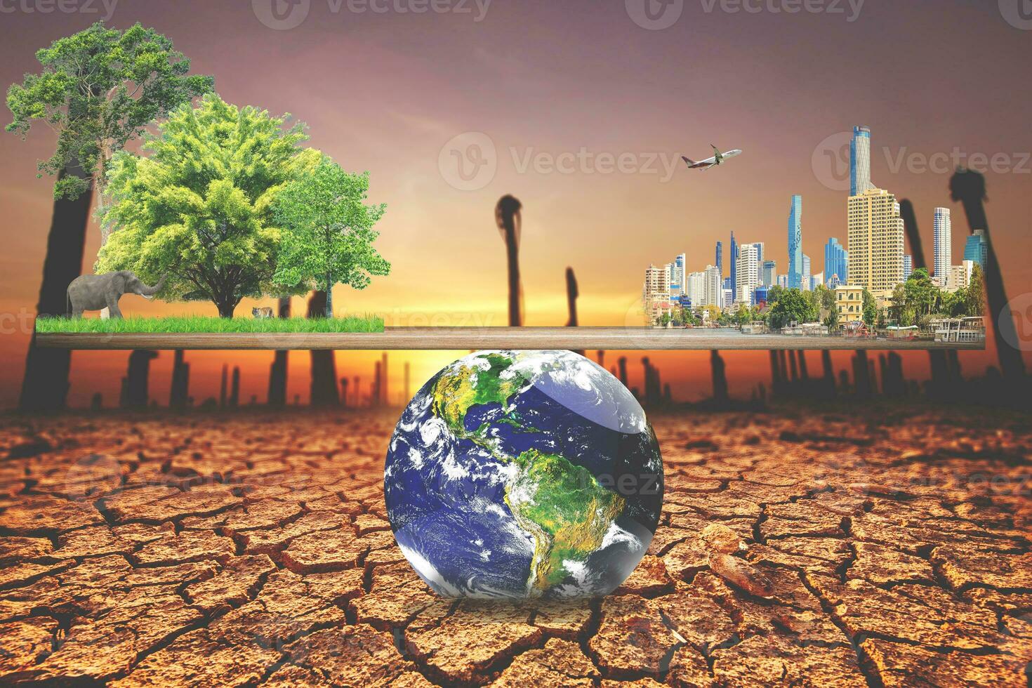 Carbon Neutral and ESG Concepts Carbon Emissions Clean Energy Globe Balance between Sustainable Resource Forests Caring for the Environment and Polluted Cities photo