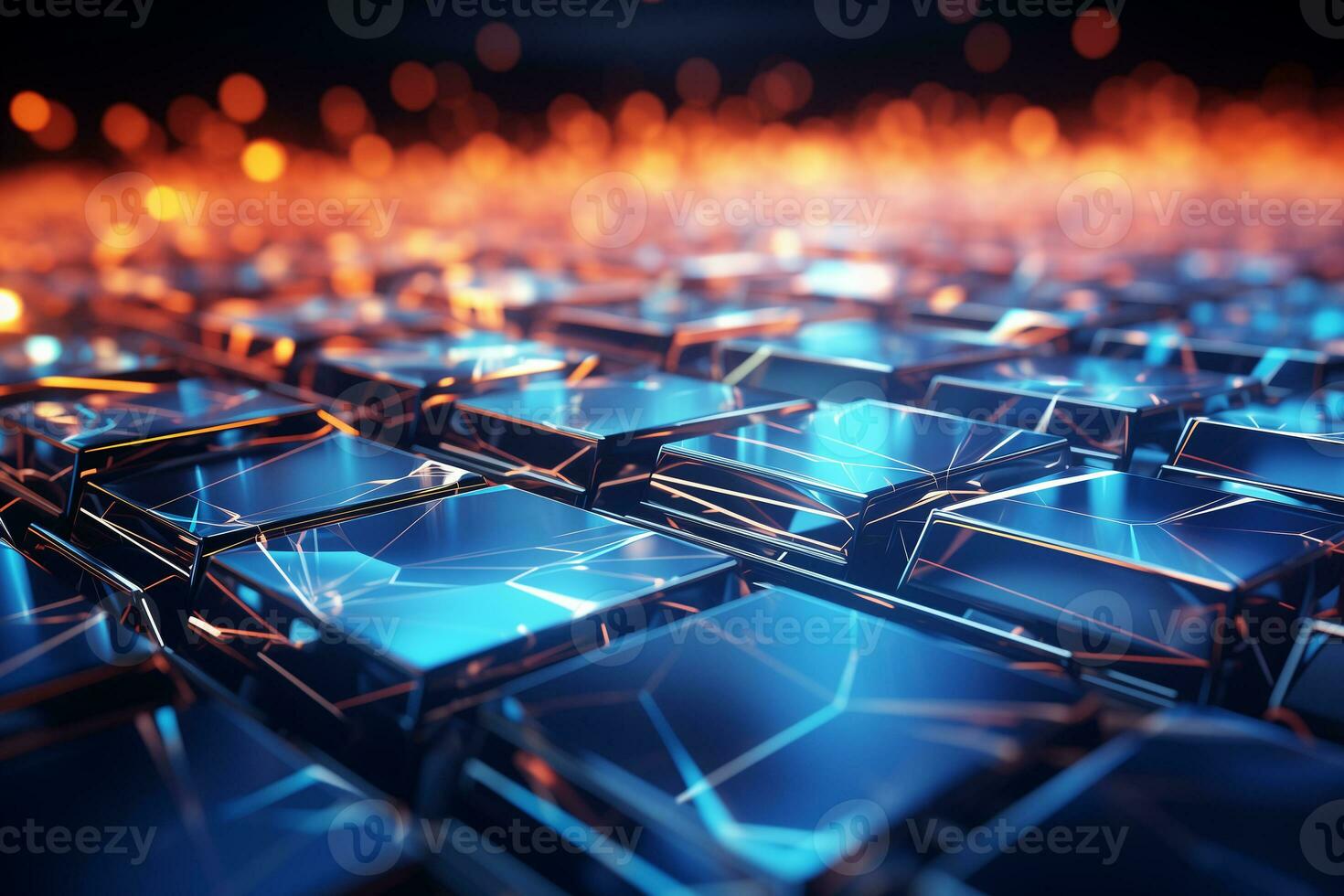 AI generated Abstract 3d rendering of chaotic cubes. Futuristic background with glowing cubes. AI Generation. photo