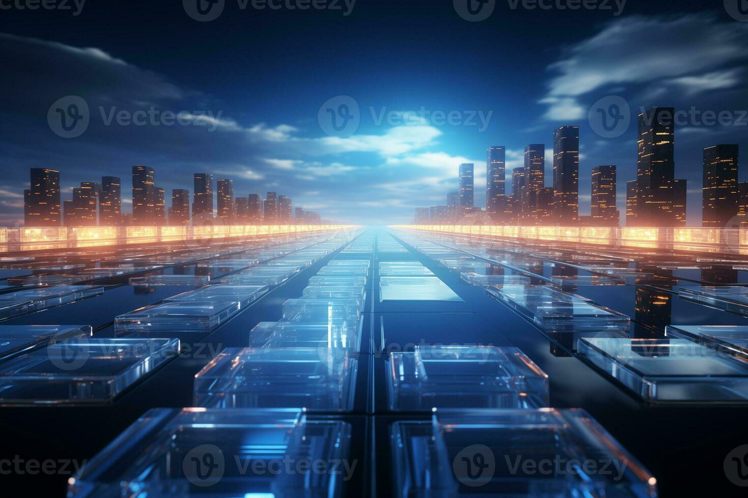 AI generated Abstract 3d rendering of chaotic cubes. Futuristic background with glowing cubes. AI Generation. photo