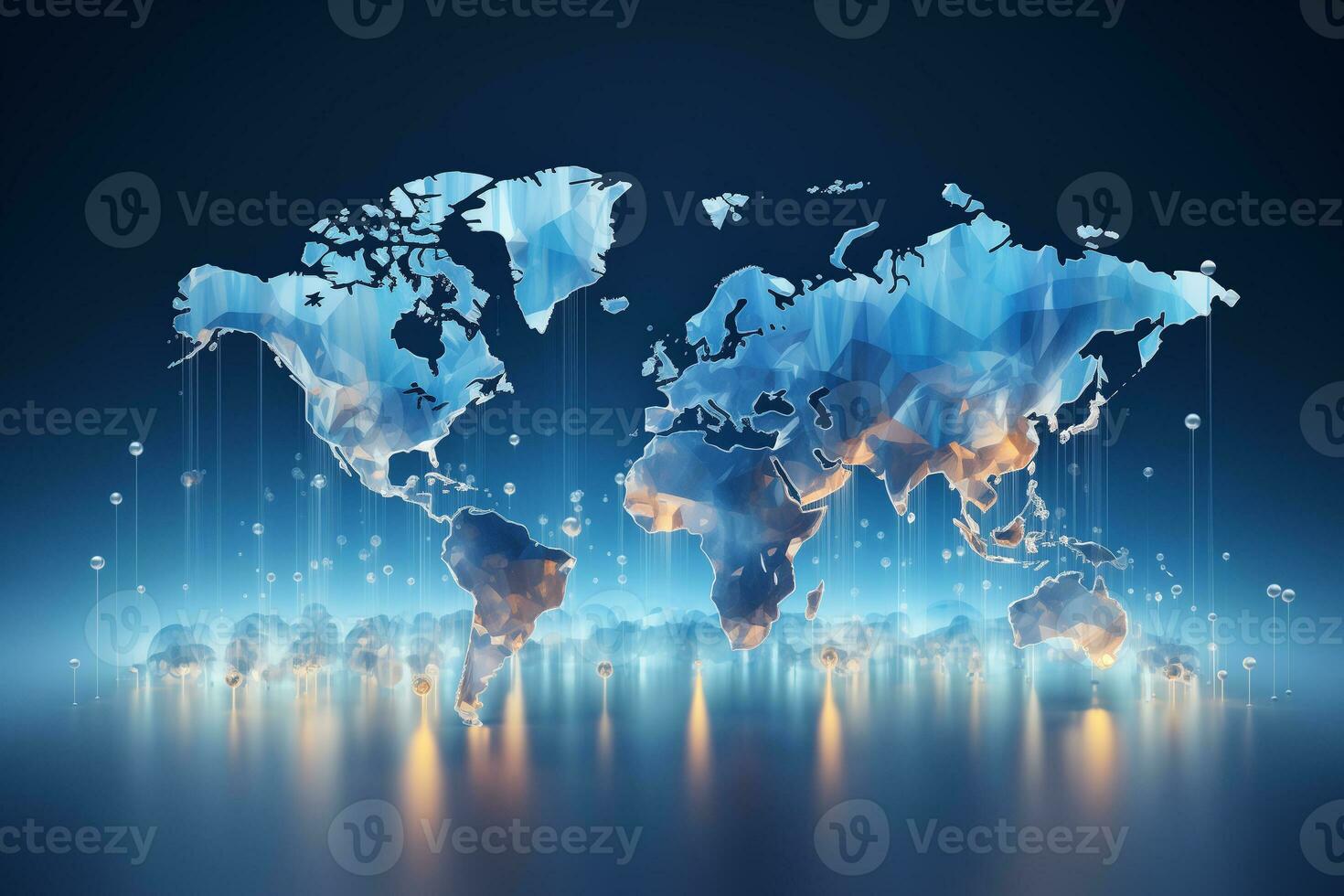AI generated 3d rendering Hologram of world map with glowing lights on dark blue background. AI Generation photo