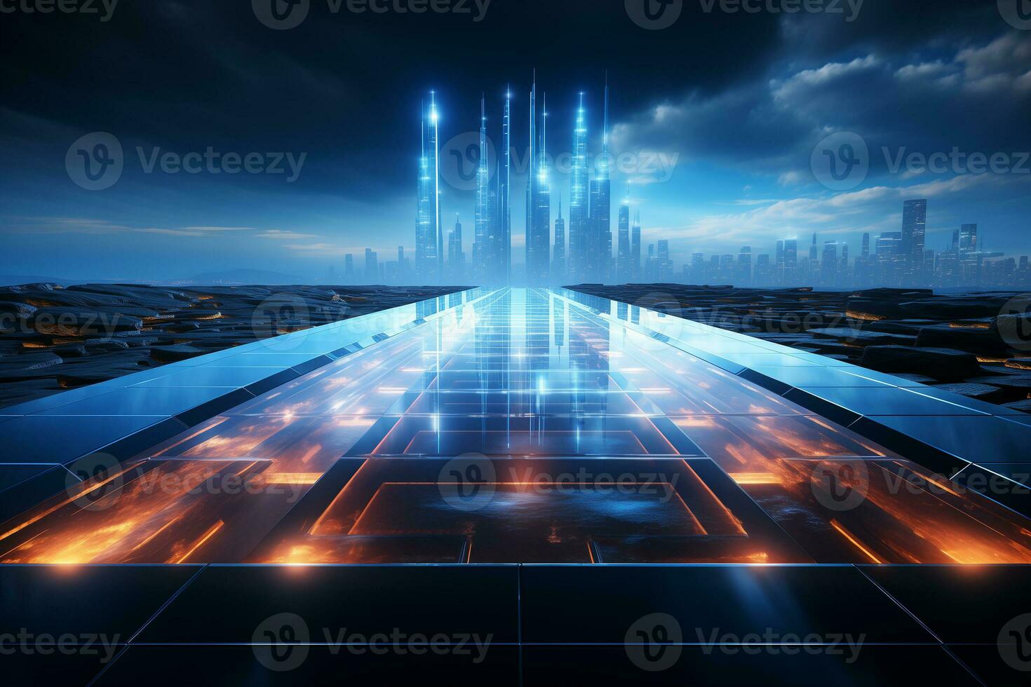 AI generated Abstract 3d rendering of chaotic cubes. Futuristic background with glowing cubes. AI Generation. photo