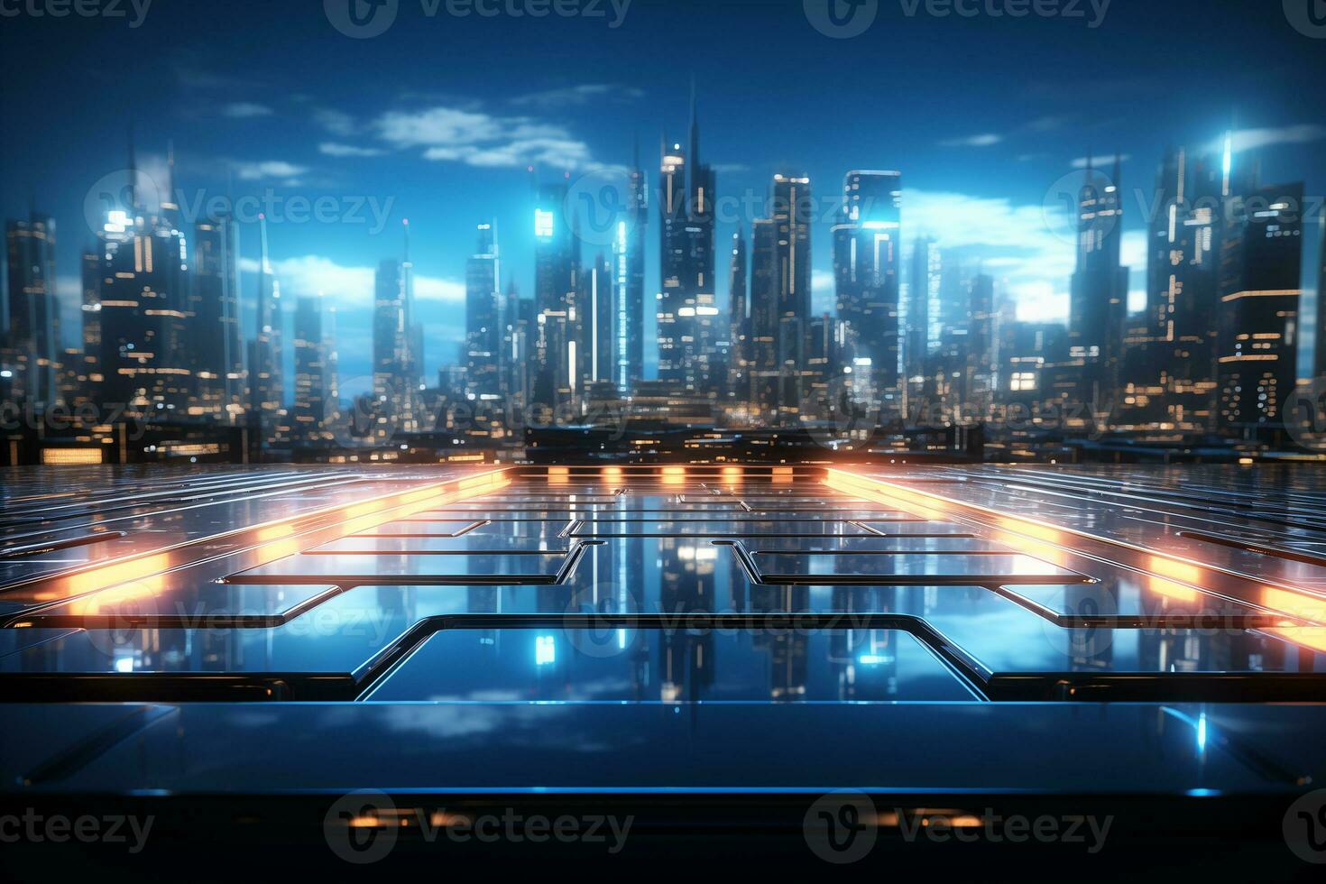 AI generated Abstract 3d rendering of chaotic cubes. Futuristic background with glowing cubes. AI Generation. photo